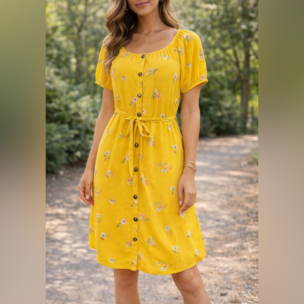 Loft sz S yellow button down floral short sleeve dress
